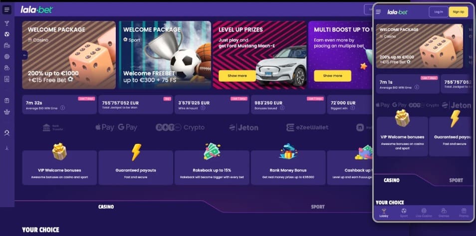 Lalabet homepage met sportweddenschappen en live casino